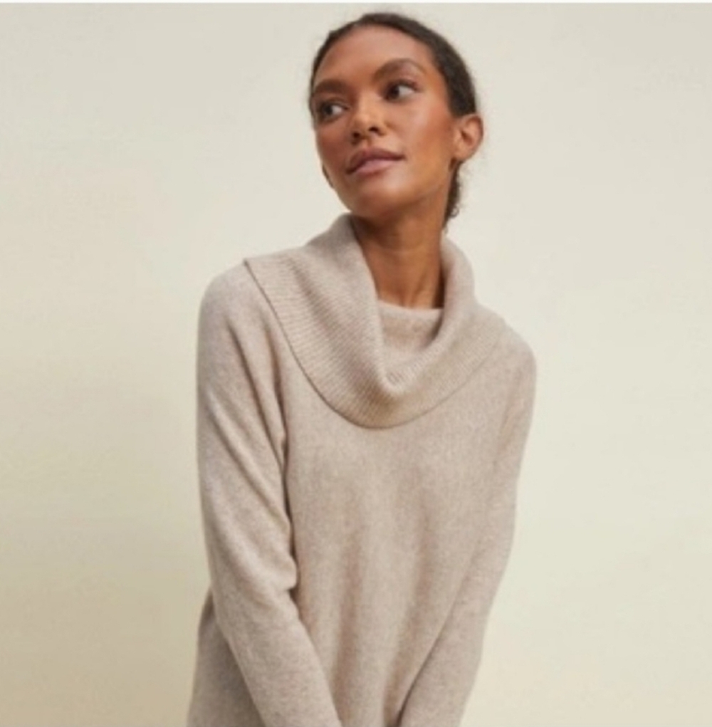 Warm and Cozy Tan Cowl Neck Sweater with Relaxed Fit and Soft Knit Medium
